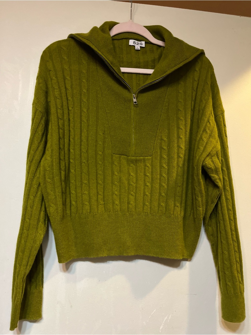 525 America Crop Olive Cable-Knit Half-Zip 100% cashmere Turtleneck Sweater L
